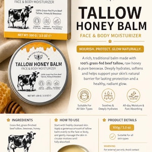 Könnte beinhalten: Tallow Honey Balm Gesichts- und Körperfeuchtigkeitscreme in einer runden Dose. Das Etikett zeigt eine Kuh-Illustration und den Text: "100% Grasgefüttertes reines Rindertalg, Honig & Bienenwachs." Das Produkt ist 100g.