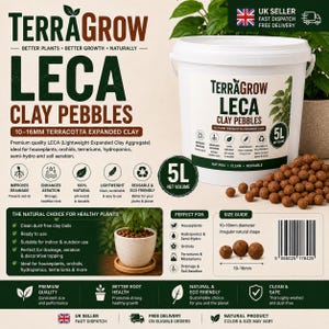 May include: A white 5L bucket of TerraGrow LECA clay pebbles with brown, round, 10-16mm expanded clay aggregate. The packaging features text including TerraGrow LECA Clay Pebbles, 5L Net Volume, and a size guide showing the irregular natural shape.