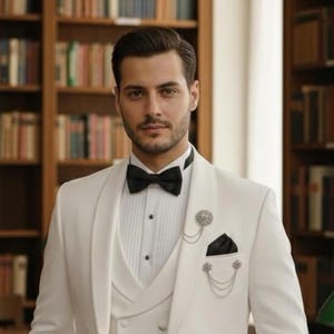 Puede incluir: Un traje formal blanco con pajarita negra, chaleco y pañuelo de bolsillo. El traje presenta una chaqueta con solapa de chal y está adornado con un alfiler decorativo. El fondo incluye estanterías y una mesa de madera.