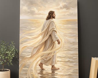 Luminous Jesus Walking on Water | Sea of Galilee Painting | Modern Christian Wall Art | Divine Grace Print | Ethereal Faith Digital Download