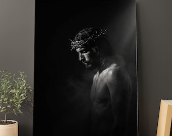 Jesus Redemption Wall Art, Crown of Thorns Burden Portrait, Christian Salvation Decor, Sacred Faith Artwork, Digital Download