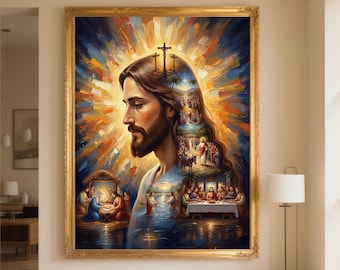 Jesus Christ Journey Digital Canvas Art - Christian Religious Painting Printable - Savior Faith Wall Decor