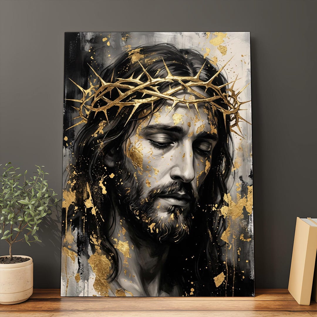 Jesus Crown of Thorns Wall Art Printable, Gold Accents Jesus Portrait ...