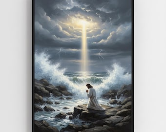 Christian Canvas Wall Art – Jesus Praying in the Storm –Faith Over Fear Christian Home Decor– Religious Wall Art – Scripture Inspired Canvas