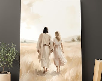 Jesus Walking with You Printable, Christian Faith Wall Art, Spiritual Companion Decor, Minimal Beige Artwork, Digital Download