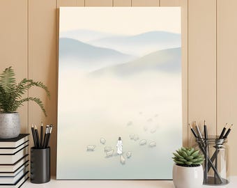 The Good Shepherd Wall Art | Minimalist Jesus Sheep Print | Christian Nursery Landscape