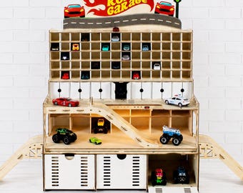 Houten displayrek op schaal 1:64 voor Hot Wheels en Matchbox auto's.