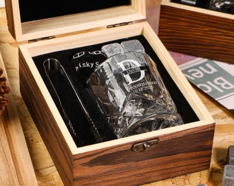 Personalized Whiskey Glasses Set with Wooden Box, Groomsmen Thank You Gifts