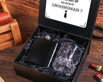Personalised groomsmen proposal box, Hip Flask & Whiskey Glass Set, Groomsman gift set, Will you be my groomsman, Best Man Proposal