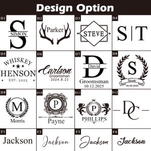 May include: A grid of design options for personalized items. The designs include monograms, names, and phrases in various fonts and styles. The text includes names like Simon, Steve, and Jackson, along with dates and titles.