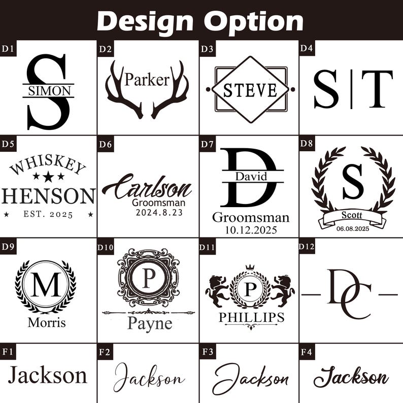 May include: A grid of design options for personalized items. The designs include monograms, names, and phrases in various fonts and styles. The text includes names like Simon, Steve, and Jackson, along with dates and titles.