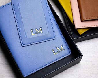 Embossed Leather Passport Holder&Luggage Tag, Wedding gift for him, Engagement Present, Custom Luggage Tags for Newlyweds