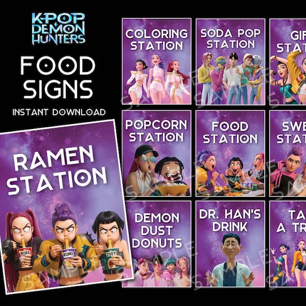 Placas de comida K-Pop Demon Hunter para bar de ramen e refrigerante | Lembrancinhas de festa de aniversário | Pôster de decoração de mesa de lanches para festa | Download instantâneo