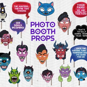 May include: A collection of photo booth props featuring various monster and character masks, speech bubbles with text, and a cat face. The props are on wooden sticks, with text like "Photo Booth Props" and phrases such as "Your Fans!" and "Oh! Souls Incoming!"