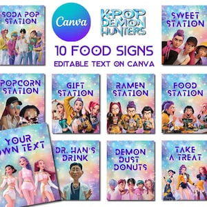 May include: A collection of ten colorful food signs with editable text, featuring illustrations of animated characters. The signs include titles like "Soda Pop Station," "Sweet Station," and "Ramen Station."