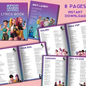 Könnte beinhalten: Ein spiralgebundenes Textbuch mit dem Titel "K-POP DEMON HUNTERS LYRICS BOOK" mit Illustrationen von animierten Charakteren. Das Buch ist aufgeschlagen und zeigt mehrere Seiten mit Songtexten. Der Text "8 PAGES INSTANT DOWNLOAD" ist ebenfalls sichtbar.