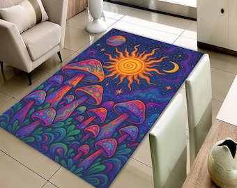 Dywan Celestial Mushroom, kolorowy, psychodeliczny nadruk, psychodeliczny wystrój boho, psychodeliczny dywan słońce i księżyc, wystrój boho w stylu maksymalistycznym, zmywalna mata antypoślizgowa