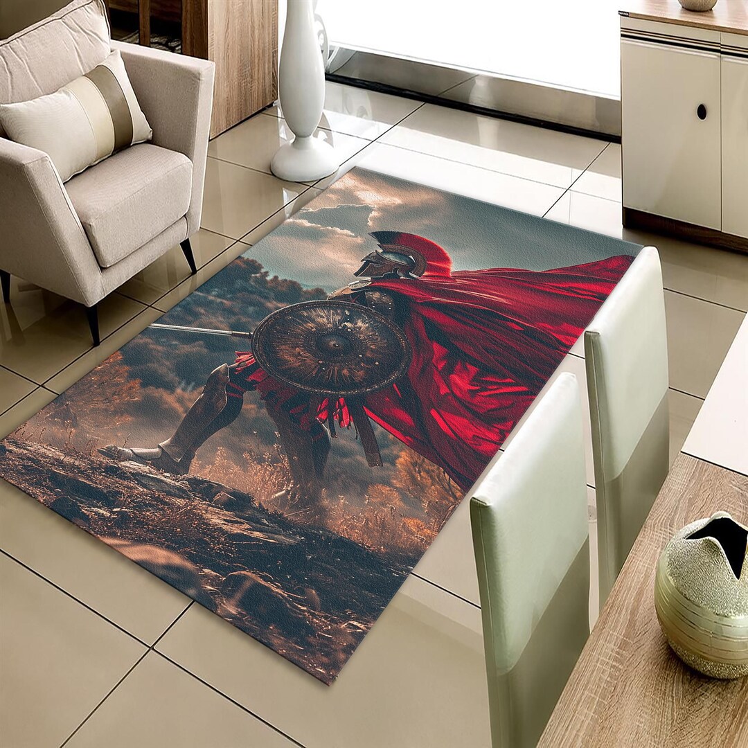 Spartan Warrior Rug, Greek Mythology Art Rug, Red Cape Gladiator Mat ...