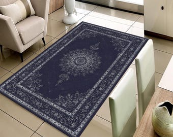 Alfombra persa azul medianoche, alfombra para sala de estar, alfombra antideslizante lavable, decoración gótica estilo academia oscura para el hogar, regalo vintage con medallón para ella.