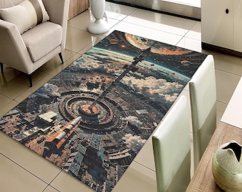 Rocket Launch Space City Rug, Sci-Fi Space Elevator Rug,Galaxy Planet Cyberpunk Floor Mat, Cool Gift for Space Lovers, Gaming Room Decor