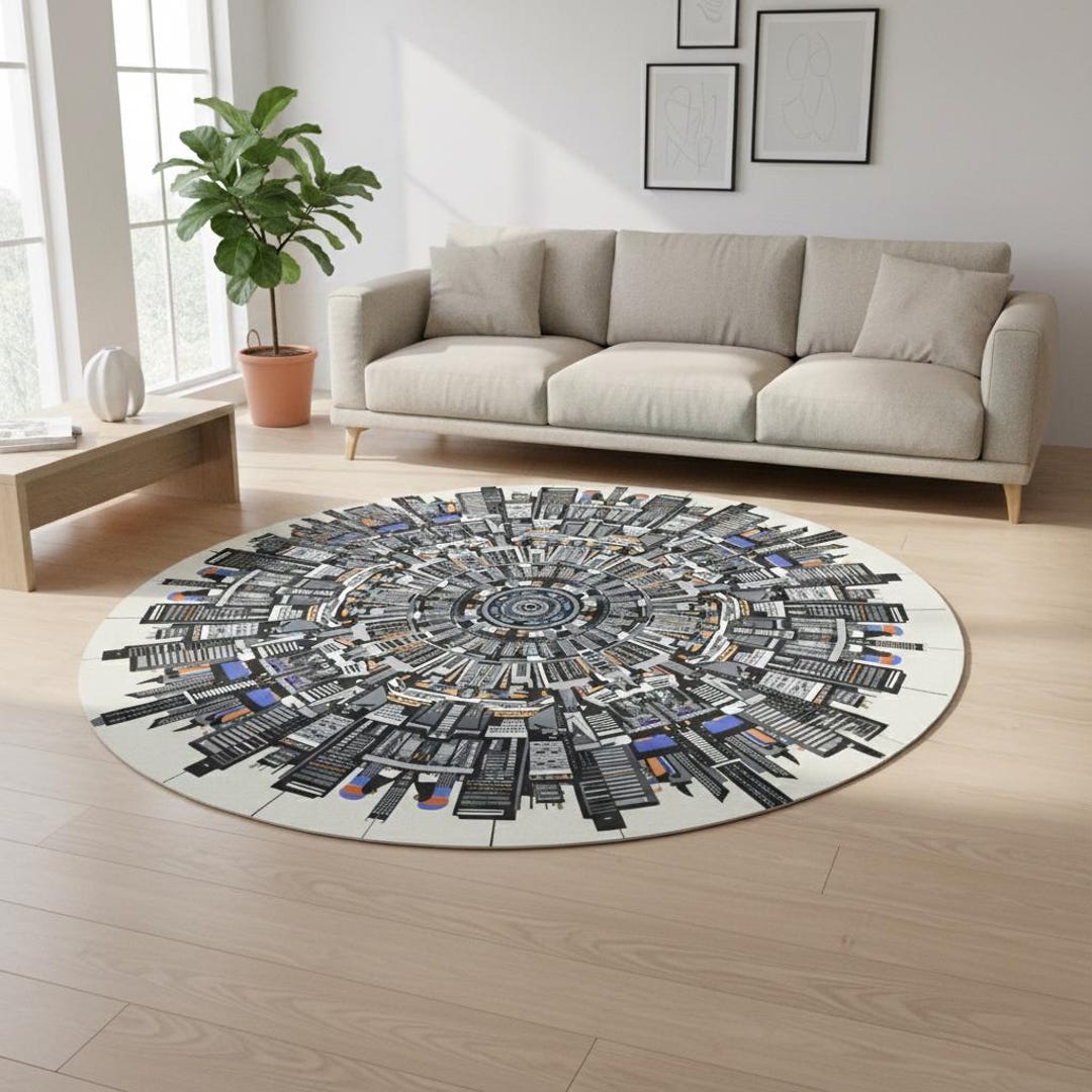 Modern City Skyline Round Rug, Urban Architecture Mandala Area Rug ...