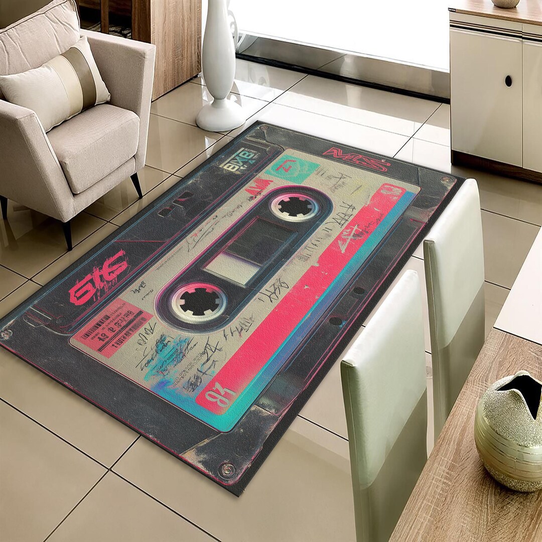 Neon Cassette Tape Rug, Retro 80s 90s Mixtape Art, Gaming Room Decor ...