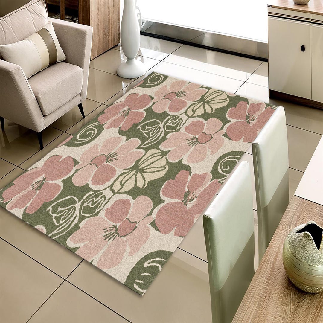 Retro Bloom Floral Rug, Mid Century Modern Round Floor Mat, Washable ...