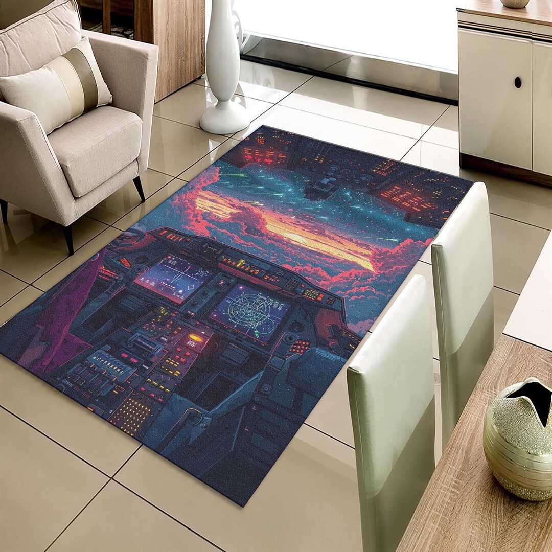 Synthwave Cockpit Rug, Sci Fi Gaming Room Carpet, Washable Non Slip ...