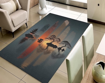 Japanese Pagoda Zen Rug, Minimalist Mountain Landscape Decor, Washable Non-Slip Area Rug, Bonsai Tree Floor Mat, Calming Gift for Yoga Lover