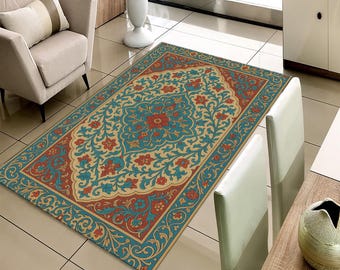Alfombra persa con medallón, alfombra turca floral, alfombra bohemia para sala de estar, tapete antideslizante lavable, decoración vintage para el hogar en terracota y verde azulado.