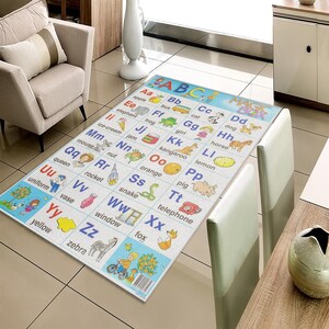 May include: A rectangular educational rug featuring the alphabet with corresponding illustrations. The rug has a light background with colorful letters, words, and images. The rug is placed on a tiled floor near a chair and table.