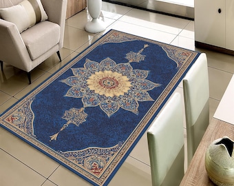 Alfombra persa azul real, alfombra de lujo para sala de estar, tapete antideslizante lavable, decoración para el hogar en azul cobalto dorado, regalo vintage con diseño de estrella para él.
