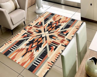 Southwestern Geometric Rug, Terracotta and Black Aztec Carpet, Boho Tribal Area Rug, Printed Washable Mat, Non-Slip Backing