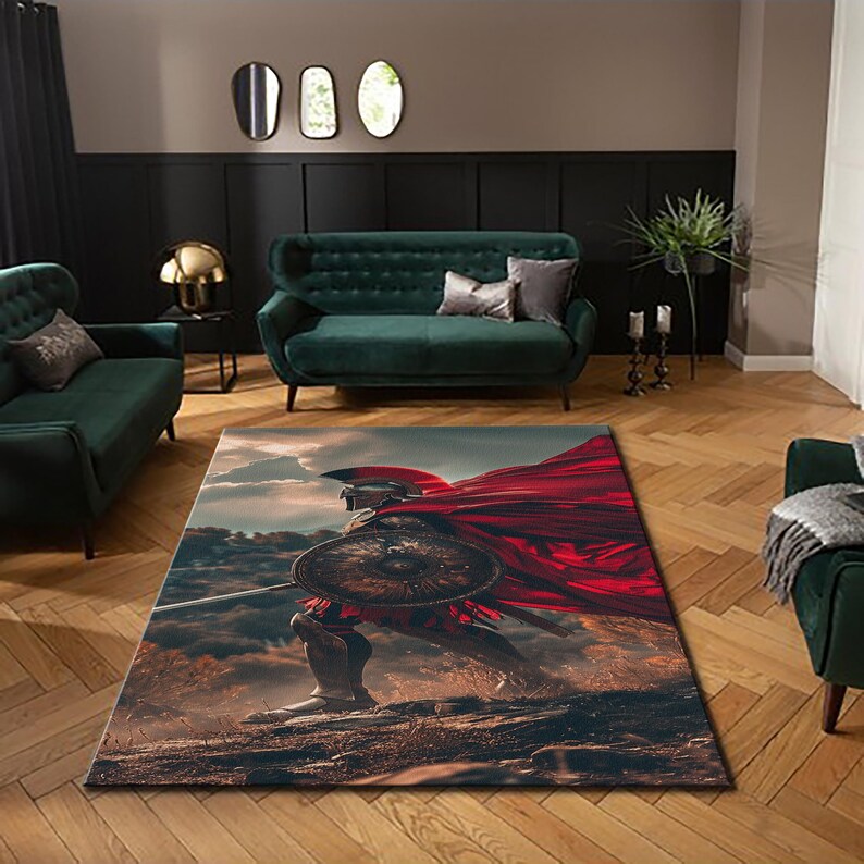 Spartan Warrior Rug, Greek Mythology Art Rug, Red Cape Gladiator Mat ...