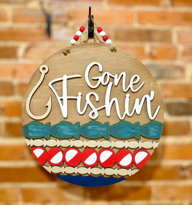 Lake Door Hanger | Gone Fishin | Beaded Hanger | Wood Front Door Sign ...