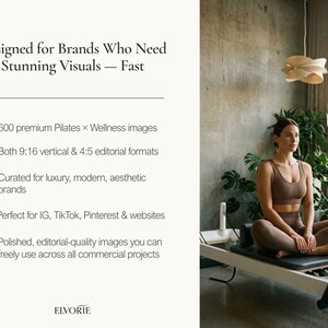 K&ouml;nnte beinhalten: Eine Frau in einem braunen Sport-BH und Leggings sitzt auf einem Pilates-Reformer-Ger&auml;t. Das Bild enth&auml;lt Text: &bdquo;Entworfen f&uuml;r Marken, die atemberaubende Visuals ben&ouml;tigen &ndash; schnell.&ldquo; Der Text erw&auml;hnt auch Pilates- und Wellness-Bilder.