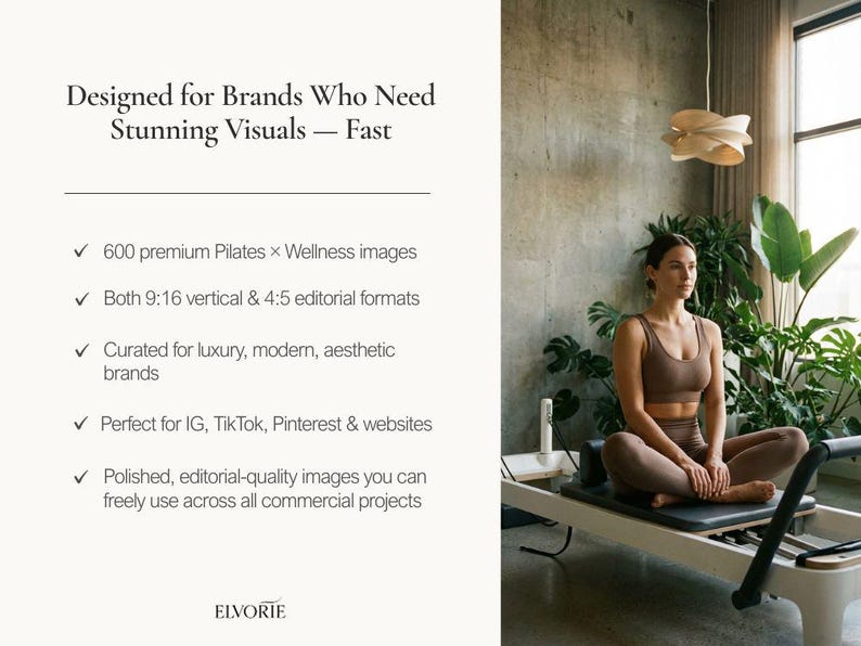 K&ouml;nnte beinhalten: Eine Frau in einem braunen Sport-BH und Leggings sitzt auf einem Pilates-Reformer-Ger&auml;t. Das Bild enth&auml;lt Text: &bdquo;Entworfen f&uuml;r Marken, die atemberaubende Visuals ben&ouml;tigen &ndash; schnell.&ldquo; Der Text erw&auml;hnt auch Pilates- und Wellness-Bilder.
