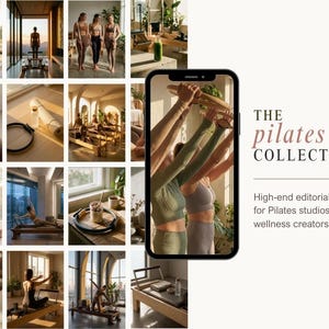K&ouml;nnte beinhalten: Eine Collage von Bildern, die Pilates-&Uuml;bungen und Studio-Umgebungen zeigen. Die Bilder zeigen Frauen in Sportkleidung, Pilates-Ger&auml;te und den Text "THE pilates COLLECTION" mit dem Slogan "High-end editorial images for Pilates studios & wellness creators."