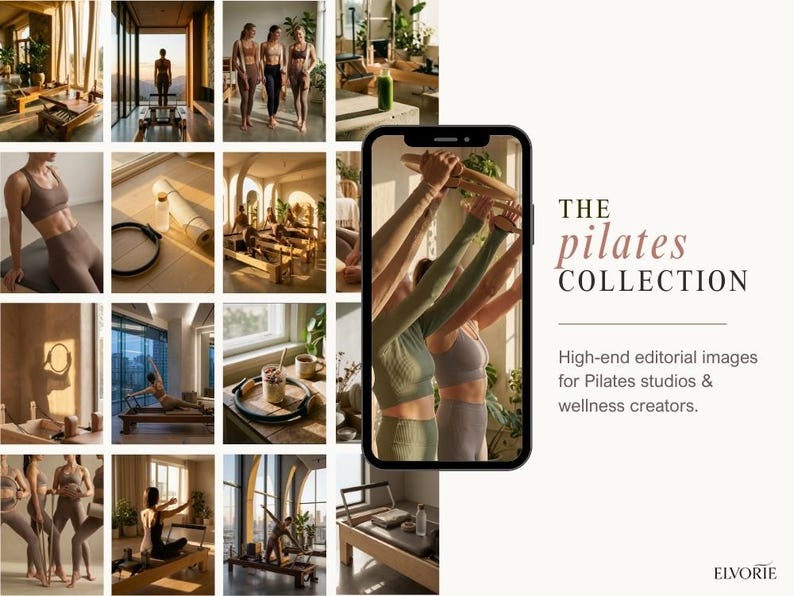 K&ouml;nnte beinhalten: Eine Collage von Bildern, die Pilates-&Uuml;bungen und Studio-Umgebungen zeigen. Die Bilder zeigen Frauen in Sportkleidung, Pilates-Ger&auml;te und den Text "THE pilates COLLECTION" mit dem Slogan "High-end editorial images for Pilates studios & wellness creators."