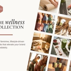K&ouml;nnte beinhalten: Eine Collage von Bildern mit dem Text "THE wellness COLLECTION" und dem Markennamen "ELVORIE". Die Bilder zeigen Wellness-Produkte, darunter Yogamatten, Activewear und gr&uuml;ne Smoothies. Das Gesamtthema ist weich, feminin und lifestyleorientiert.