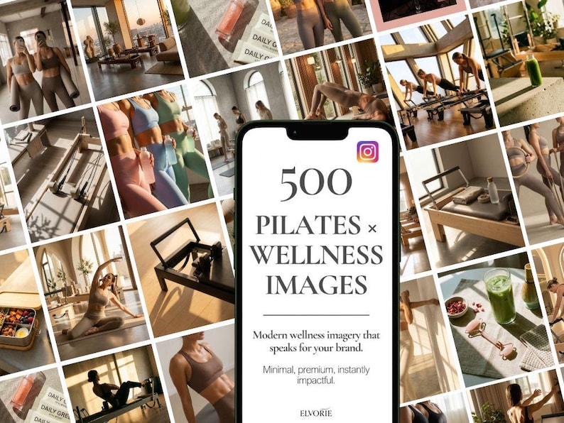 K&ouml;nnte beinhalten: Eine Collage von Bildern mit Pilates- und Wellness-Themen. Das zentrale Bild ist ein Smartphone, das "500 Pilates x Wellness Images" mit Text zur F&ouml;rderung moderner Wellness-Bilder anzeigt. Umgebende Bilder zeigen Menschen beim Training und Wellness-Produkte.