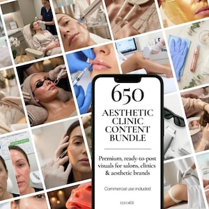 Puede incluir: Un collage de imágenes que muestran procedimientos de clínicas estéticas. La imagen central muestra una pantalla de teléfono con el texto "650 AESTHETIC CLINIC CONTENT BUNDLE". Las imágenes representan varios tratamientos, incluyendo inyecciones, tratamientos faciales y procedimientos láser, con profesionales médicos.