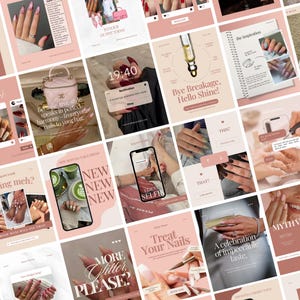 May include: A collection of images in a pink and beige palette, featuring nail art, nail care items, and beauty advice. The images include close-ups of manicured nails, product shots, and text overlays with phrases like "Nail Designs" and "Treat Your Nails."