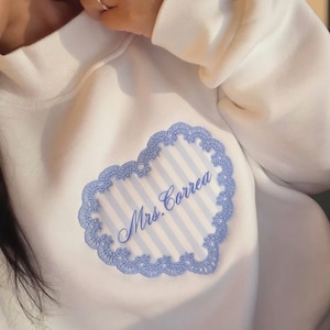 Personalized Bride Mockneck | Personalized Mrs. Sweatshirt | Future Mrs Patchwork Crewneck | Embroidered Lace Heart | Wedding Gift