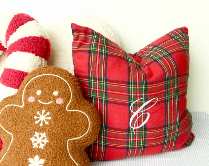 Featured listing image: Monogrammed Christmas Plaid Pillow Cover – Embroidered Holiday Decor