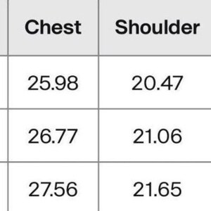 May include: A size chart table with black text on a white background. The columns are labeled size, Length, Chest, Shoulder, and Sleeve length. Rows for S, M, and L list numerical values for each category, providing measurements for garment sizing.