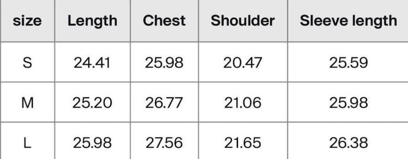 May include: A size chart table with black text on a white background. The columns are labeled size, Length, Chest, Shoulder, and Sleeve length. Rows for S, M, and L list numerical values for each category, providing measurements for garment sizing.