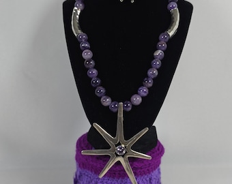 Amethyst Sterling Silver 925 Starburst Pendant Necklace & Earring Set Handmade