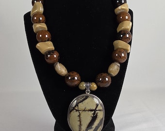 Artisan Picture Jasper Statement Necklace .925 Sterling Silver Pendant Boho Luxe