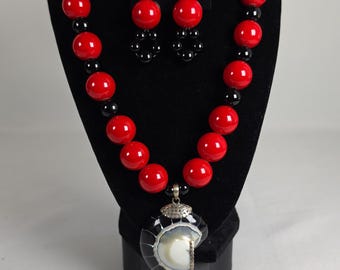 Artisan Ammonite Fossil Necklace & Earring Set .925 Sterling Silver Statement New